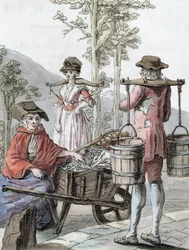 Engelska bönder som säljer frukt och bär mjölk, illustration från "Encyclopedie des Voyages", graverad av Labrousse, 1796